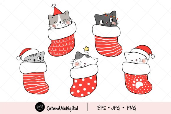 Christmas Cat in Red Sock Clipart