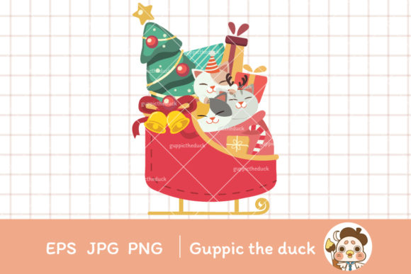Christmas Cat in Sled Clipart Illustrations