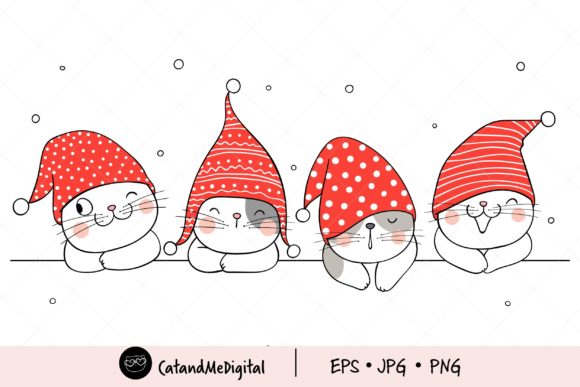 Christmas Cat with Gnome Hat Illustrations
