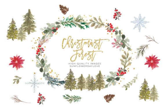 Christmas Wreath Clipart, Hollyhock Illustrations