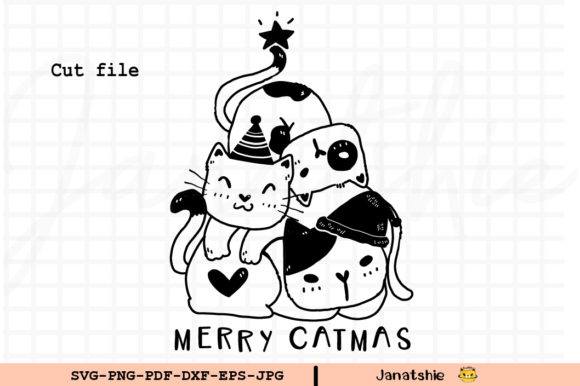 Cut File Outline Cute Cat Christmas Tree Illustrations
