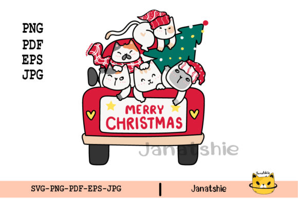 Kitten Cat Group on Red Christmas Truck Illustrations