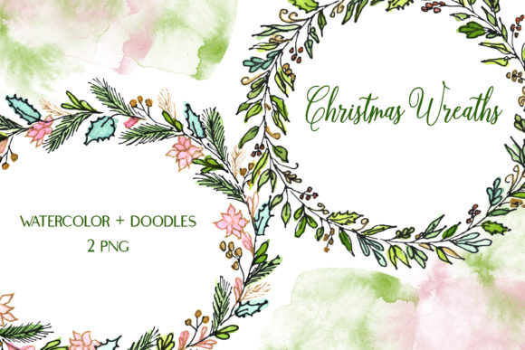 Watercolor Doodle Christmas Wreath Illustrations